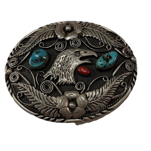 Vintage Silver Plated 2 Turquoise Chunks 1 Coral Belt Buckle Southwestern Eagle